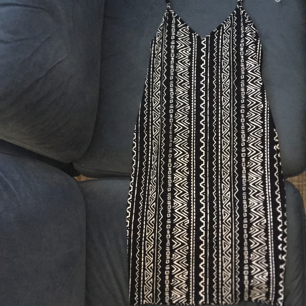 Calf length black and white patterned dress